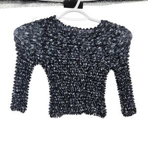 Next Concept y2k Accordion Cop Top Navy Blue Smocked Half Sleeve Cropped Sz S-L